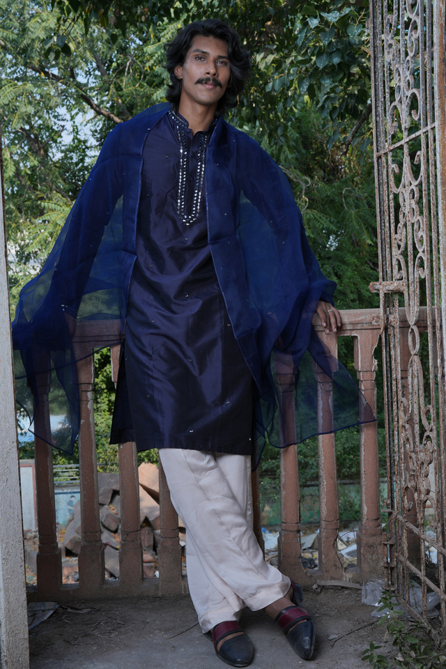 Vyoman — Navy Blue Tonal Mirror Embroidered Dupion Silk Kurta