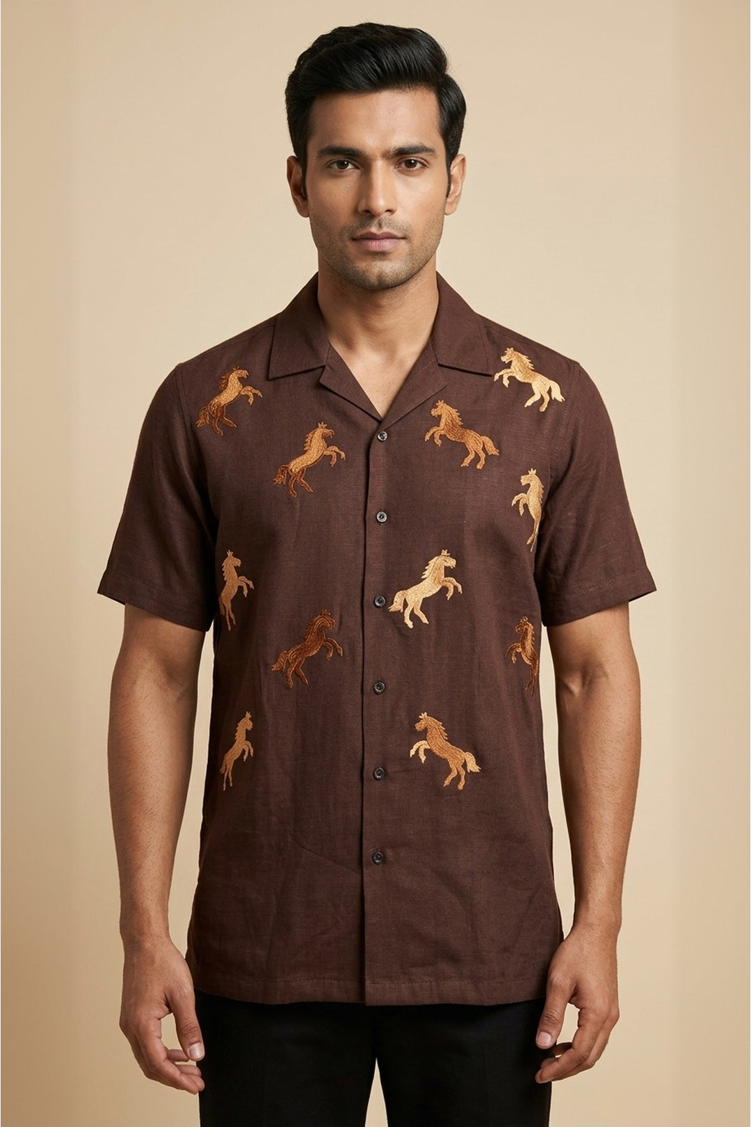Brown cotton flex shirt with artisan thread galloping horse embroidery — Galloping by HILO DESIGN