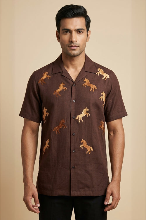 Brown cotton flex shirt with artisan thread galloping horse embroidery — Galloping by HILO DESIGN