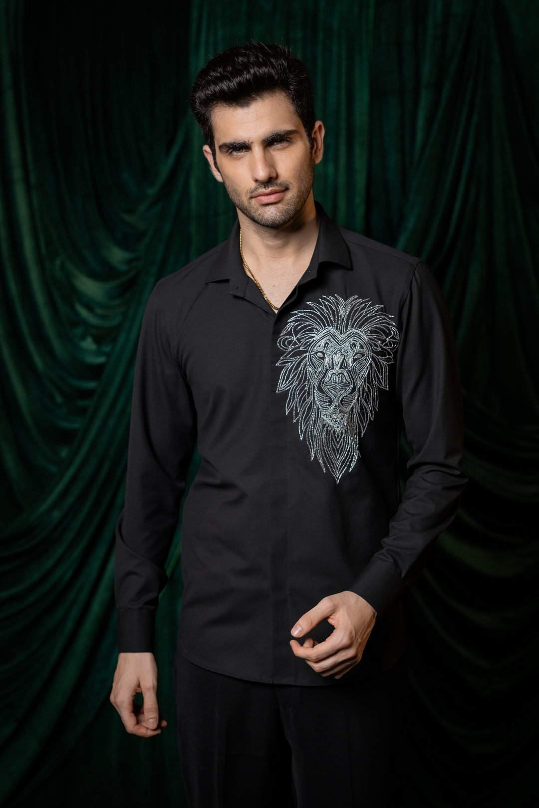 Leoir — Black Hand Embroidered 4-Way Stretch Shirt