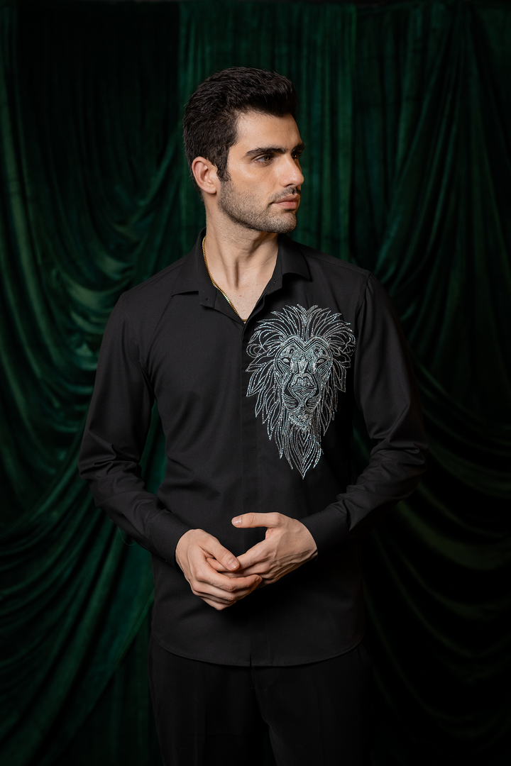 Leoir — Black Hand Embroidered 4-Way Stretch Shirt