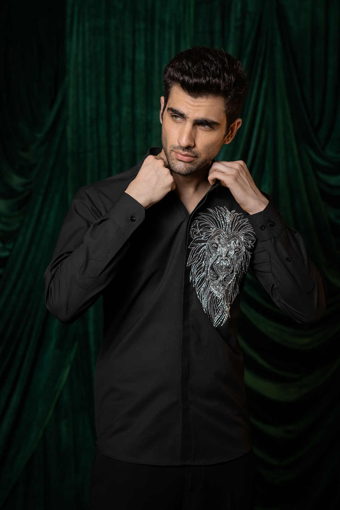 Leoir — Black Hand Embroidered 4-Way Stretch Shirt