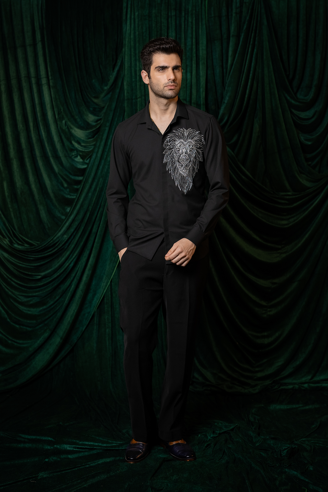 Leoir — Black Hand Embroidered 4-Way Stretch Shirt