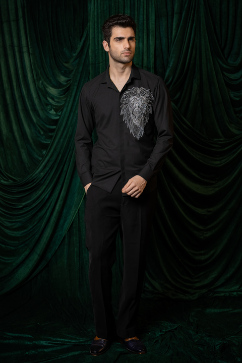 Sable — Black Hand Embroidered 4-Way Stretch Shirt