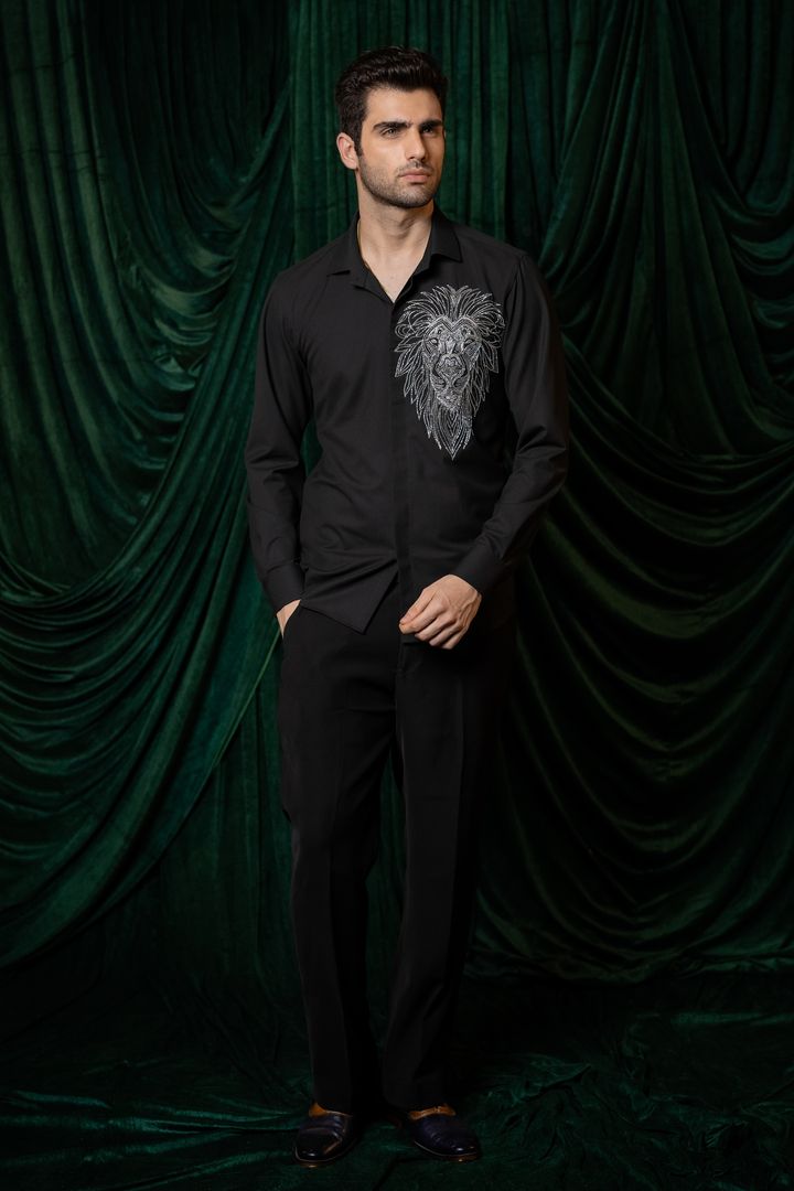 Sable — Black Hand Embroidered 4-Way Stretch Shirt
