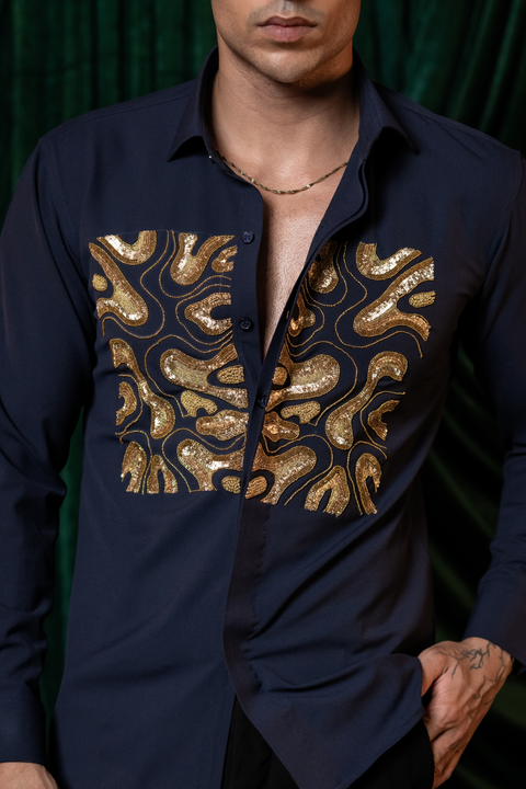 Molten — Midnight Blue Hand Embroidered 4-Way Stretch Shirt