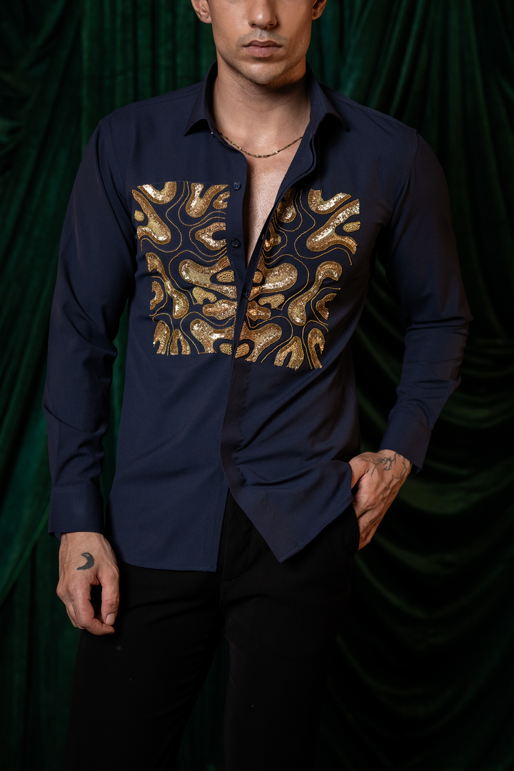 Molten — Midnight Blue Hand Embroidered Armani Fabric Shirt