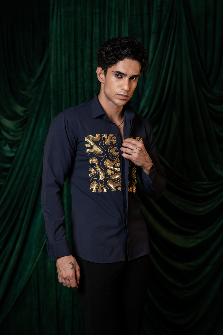 Molten — Midnight Blue Hand Embroidered Armani Fabric Shirt