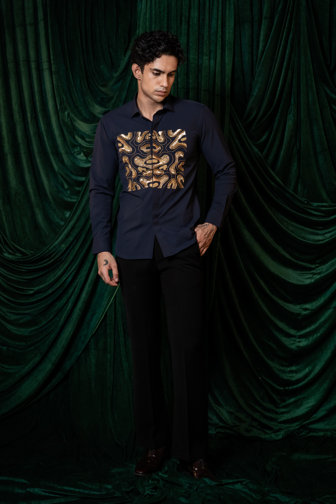 Molten — Midnight Blue Hand Embroidered 4-Way Stretch Shirt