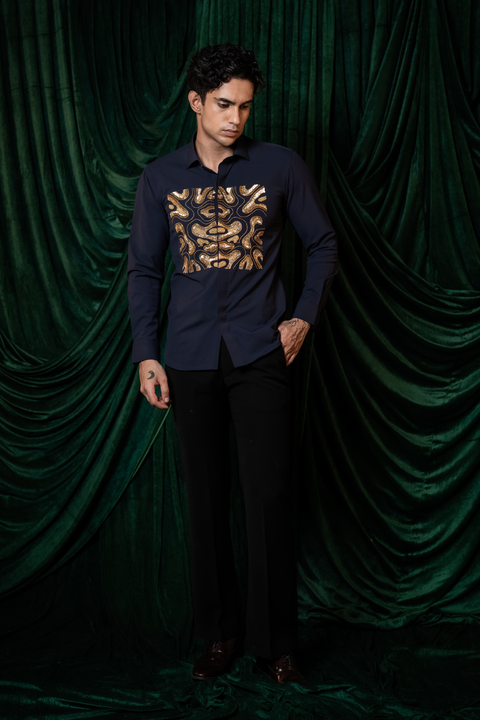 Molten — Midnight Blue Hand Embroidered 4-Way Stretch Shirt
