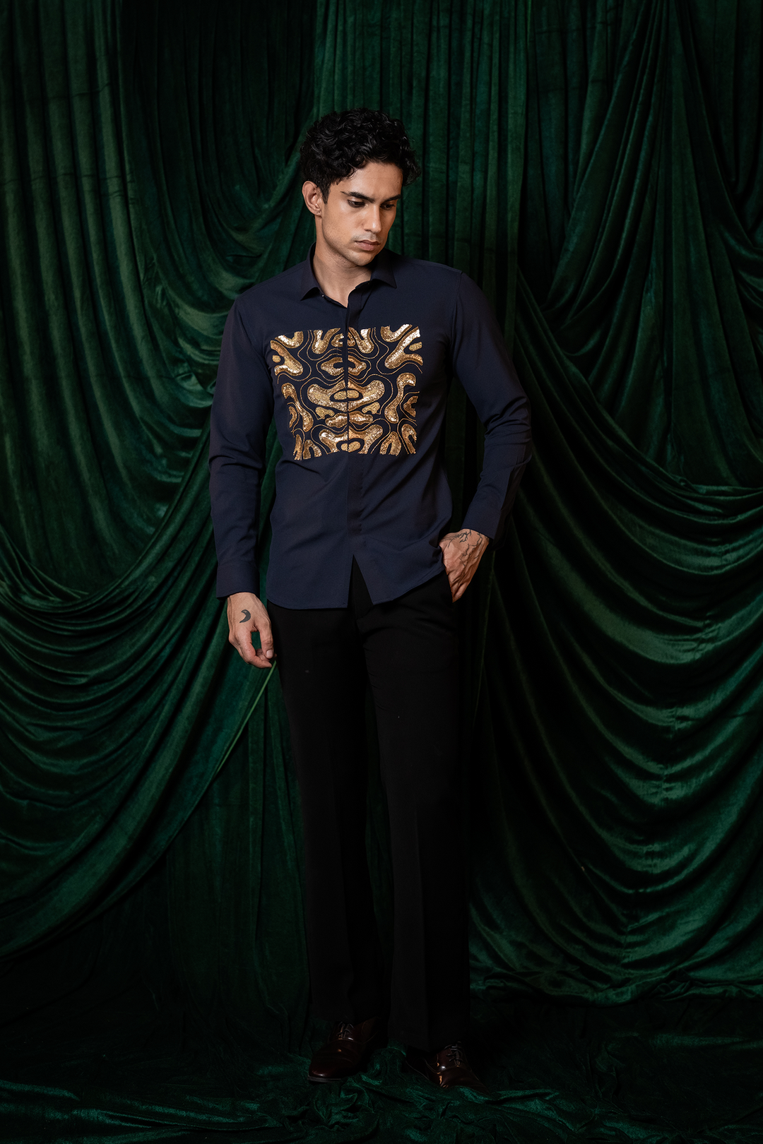 Molten — Midnight Blue Hand Embroidered Armani Fabric Shirt