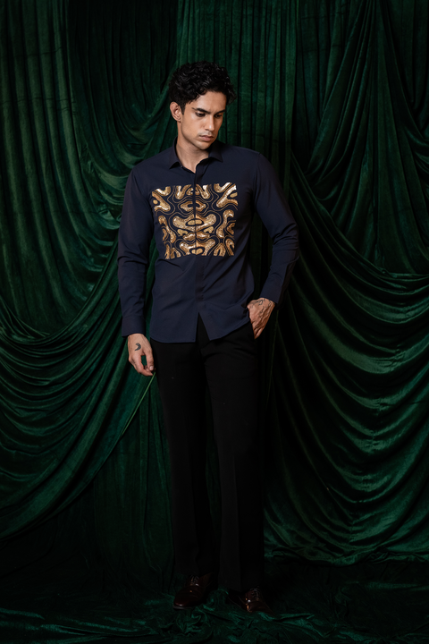 Molten — Midnight Blue Hand Embroidered Armani Fabric Shirt