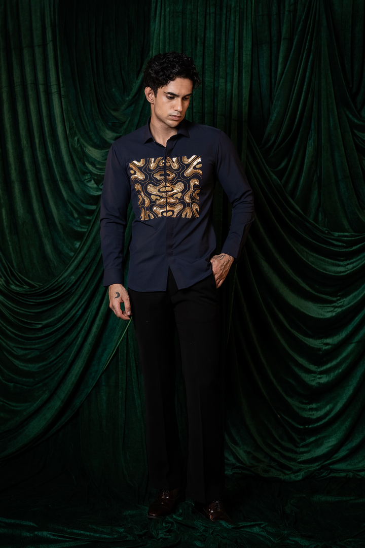 Molten — Midnight Blue Hand Embroidered Armani Fabric Shirt