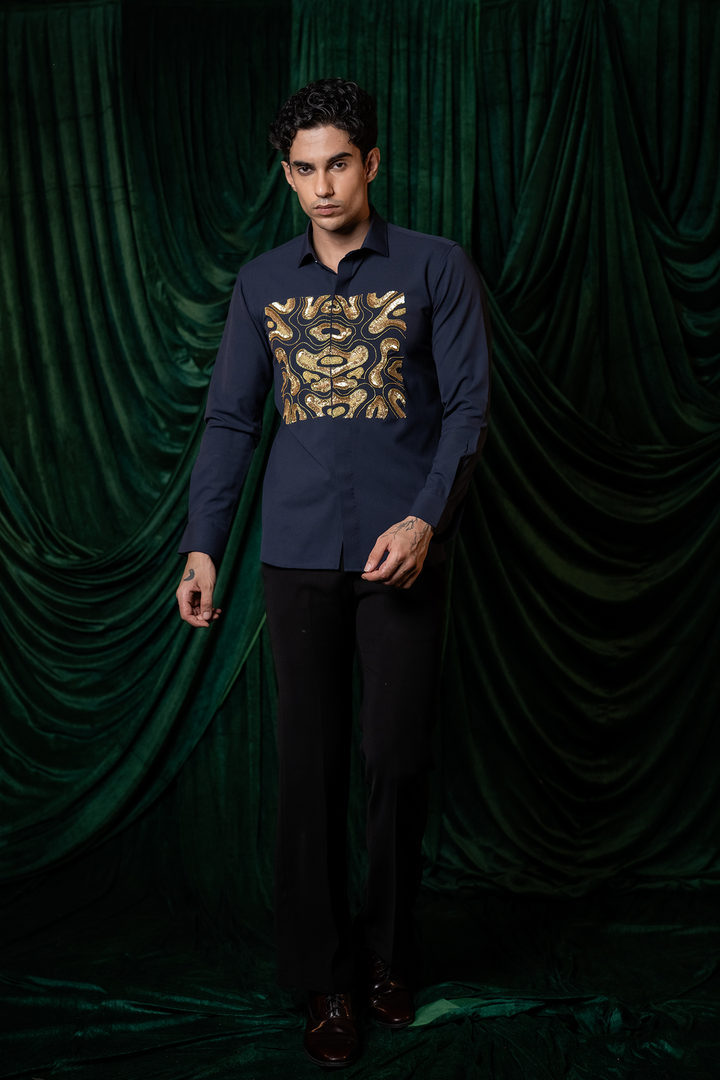 Molten — Midnight Blue Hand Embroidered Armani Fabric Shirt