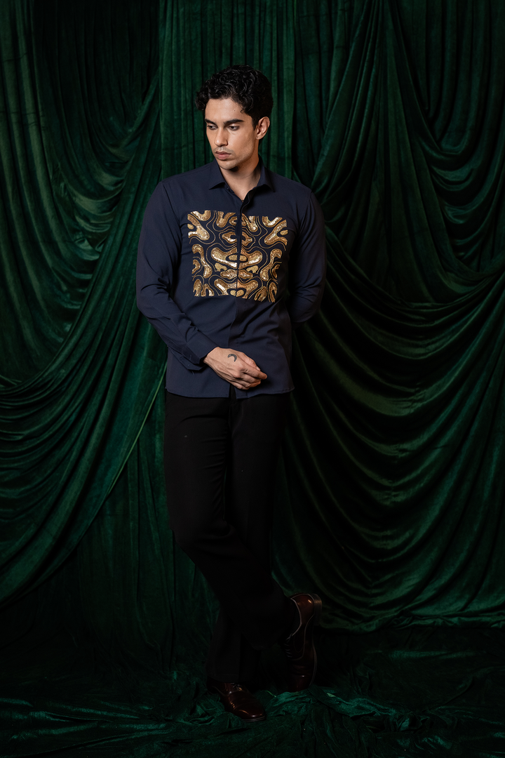 Molten — Midnight Blue Hand Embroidered Armani Fabric Shirt