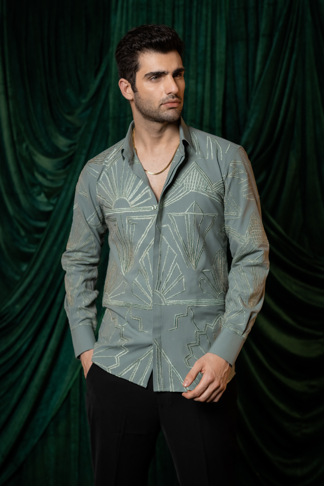 Manhattan — Sage Green Thread Embroidered 4-Way Stretch Shirt