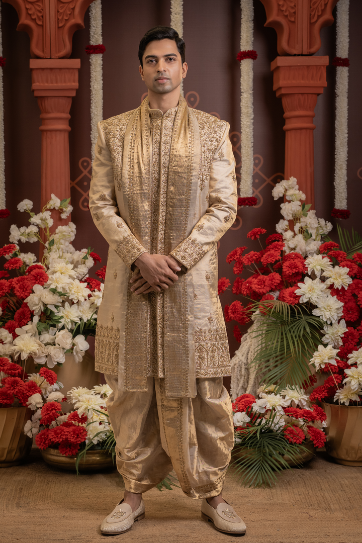 Swarnim — Dense Gold Hand Zardozi Embroidered Double Pure Tissue Sherwani