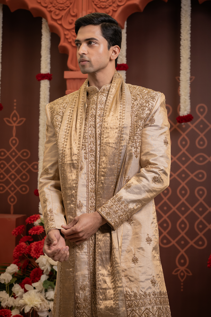 Swarnim — Dense Gold Hand Zardozi Embroidered Double Pure Tissue Sherwani