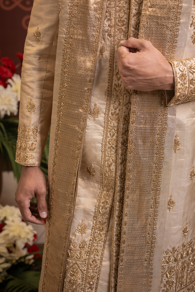 Swarnim — Dense Gold Hand Zardozi Embroidered Double Pure Tissue Sherwani