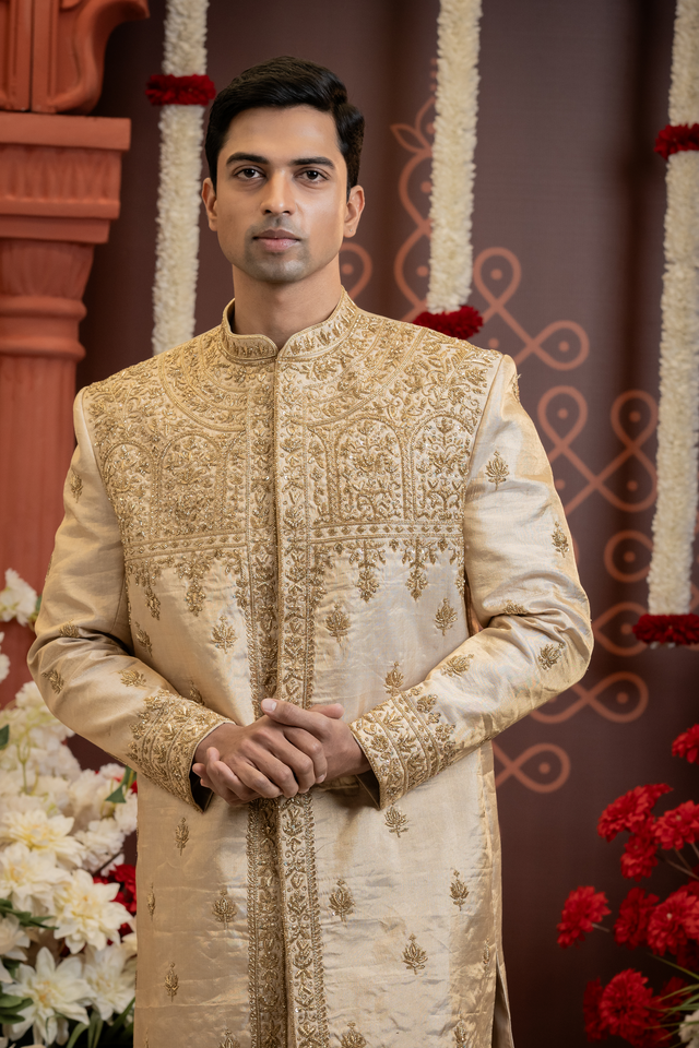 Swarnim — Dense Gold Hand Zardozi Embroidered Double Pure Tissue Sherwani