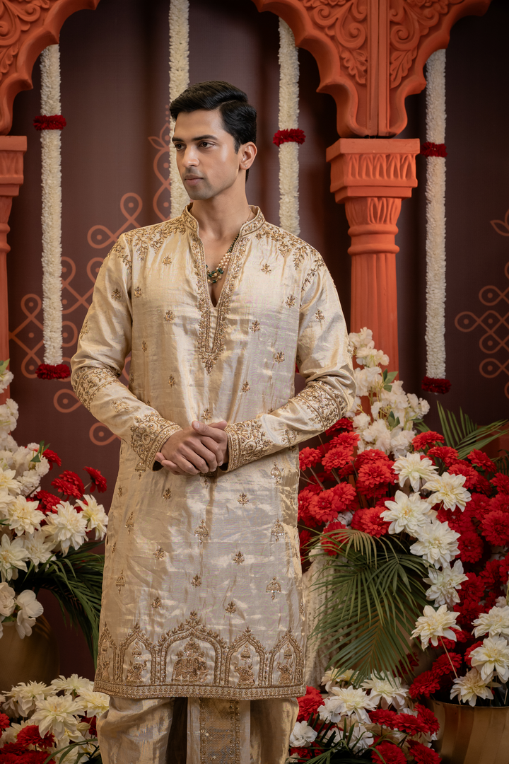 Shriman — Gold Hand Zardozi Yoke, Booti &amp; Temple Arch Border Embroidered Double Pure Tissue Kurta Set