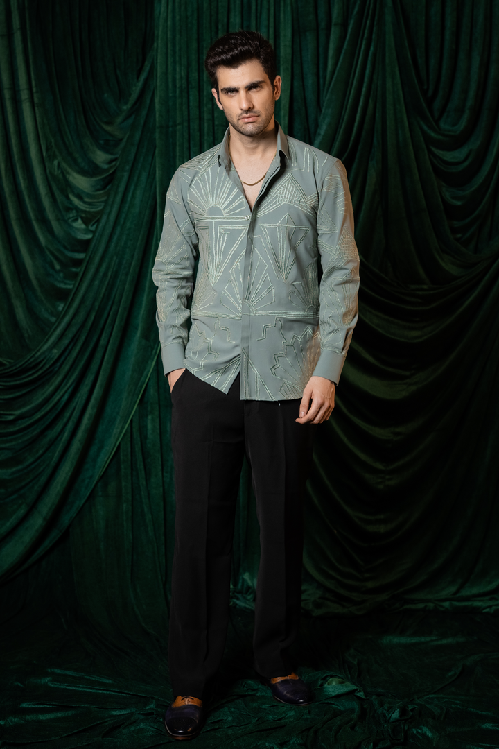 Manhattan — Sage Green Thread Embroidered 4-Way Stretch Shirt