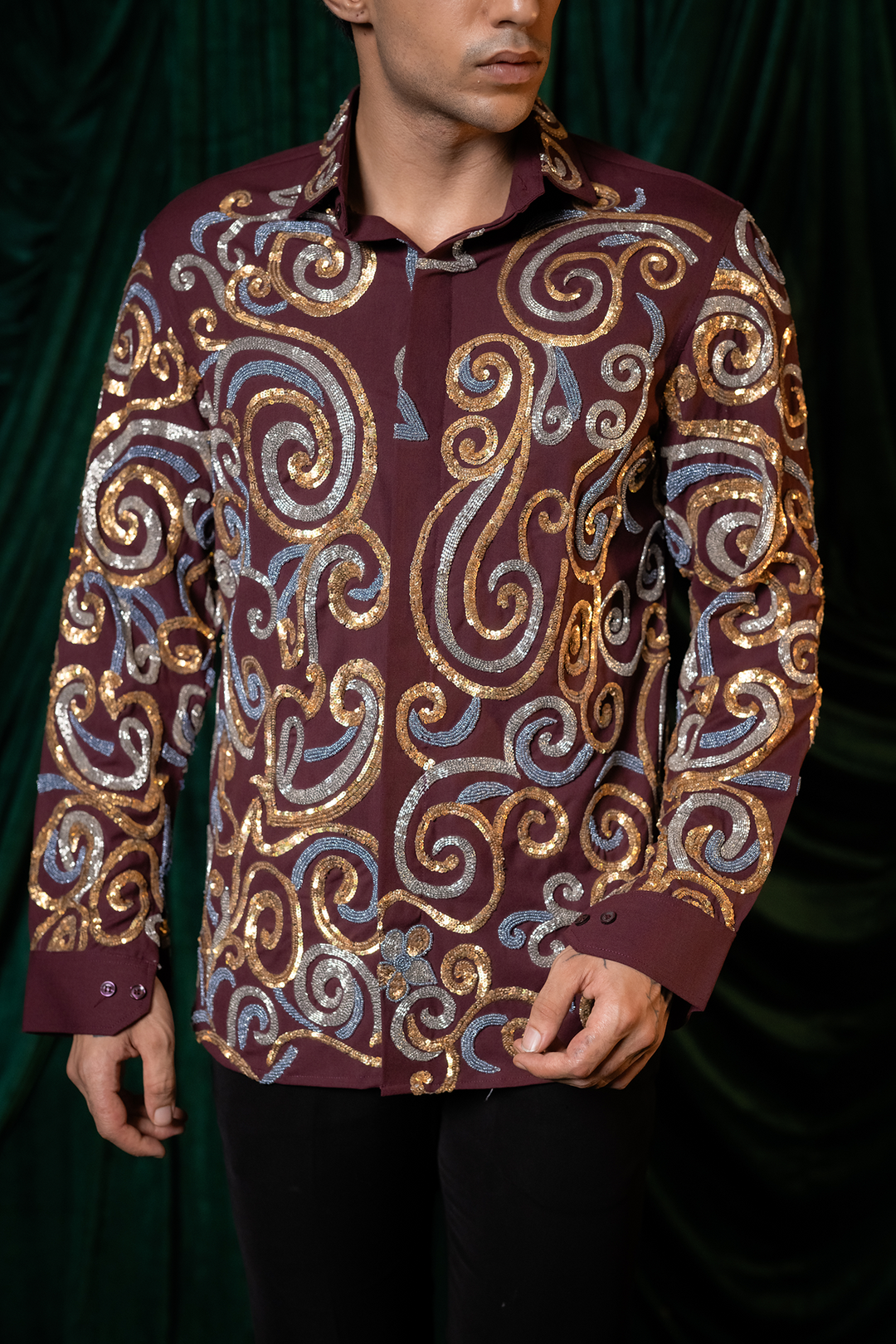 Vortex — Burgundy Swirl Embroidered 4-Way Stretch Shirt