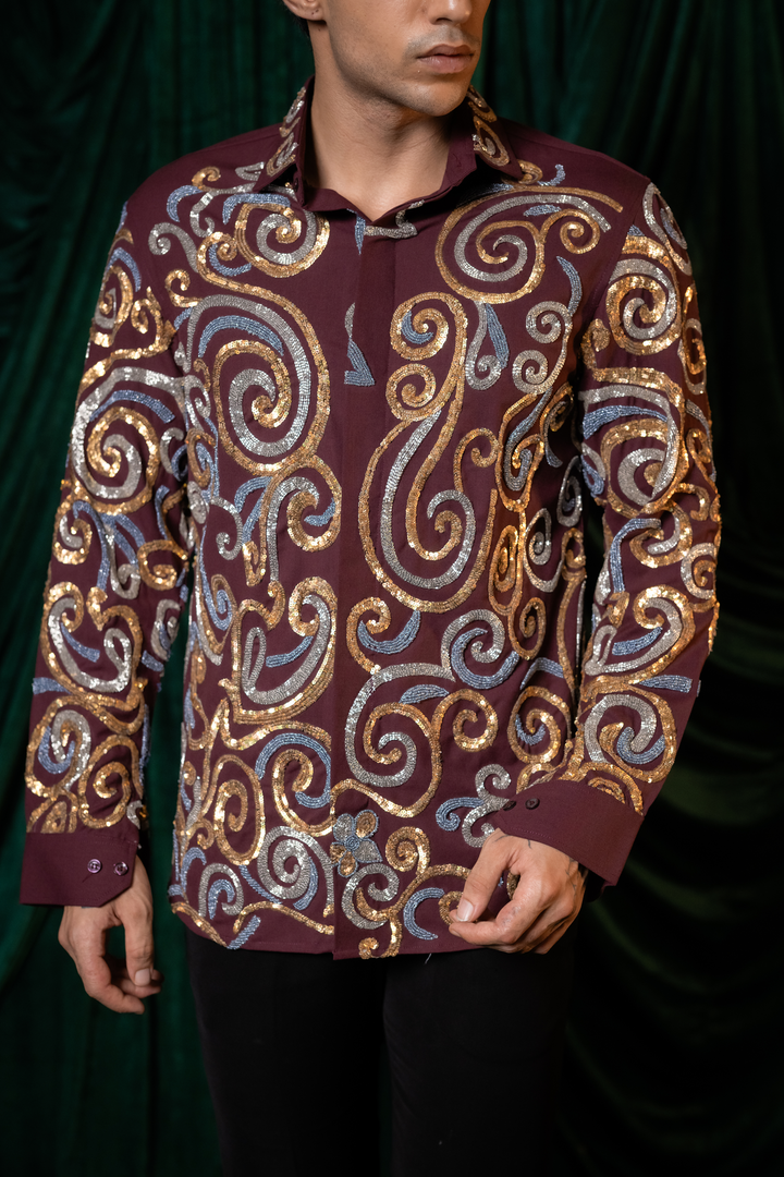 Vortex — Burgundy Hand Embroidered 4-Way Stretch Shirt