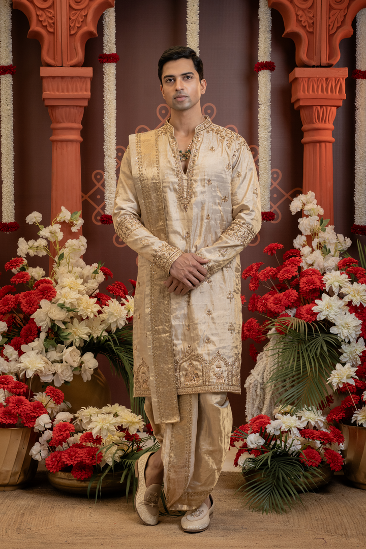 Shriman — Gold Hand Zardozi Yoke, Booti &amp; Temple Arch Border Embroidered Double Pure Tissue Kurta Set