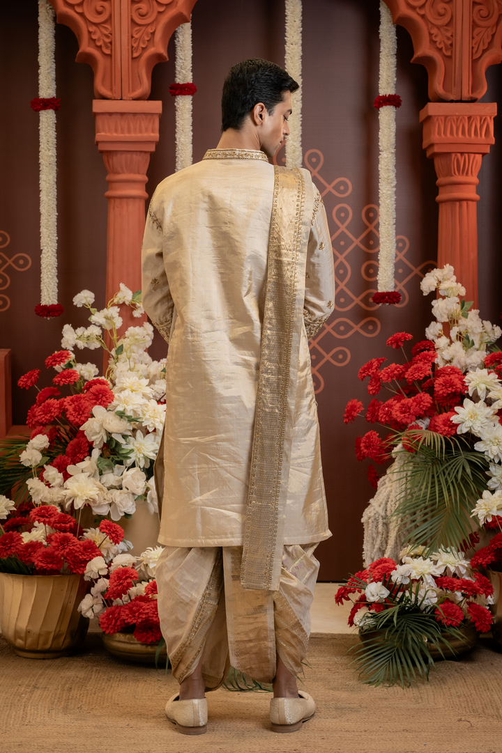 Shriman — Gold Hand Zardozi Yoke, Booti &amp; Temple Arch Border Embroidered Double Pure Tissue Kurta Set