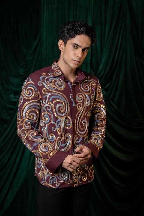 Vortex — Burgundy Swirl Embroidered 4-Way Stretch Shirt