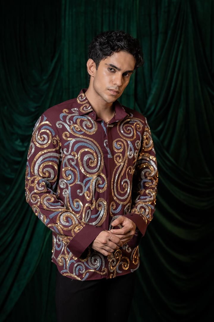 Vortex — Burgundy Swirl Embroidered 4-Way Stretch Shirt