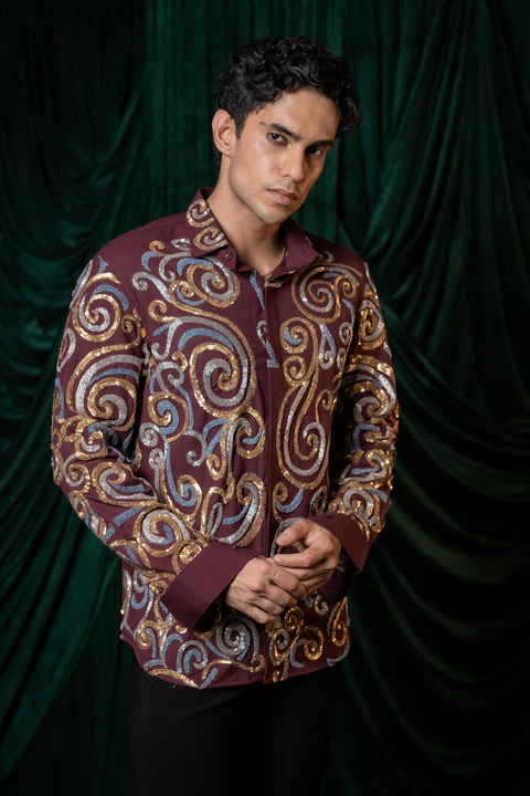Vortex — Burgundy Swirl Embroidered 4-Way Stretch Shirt