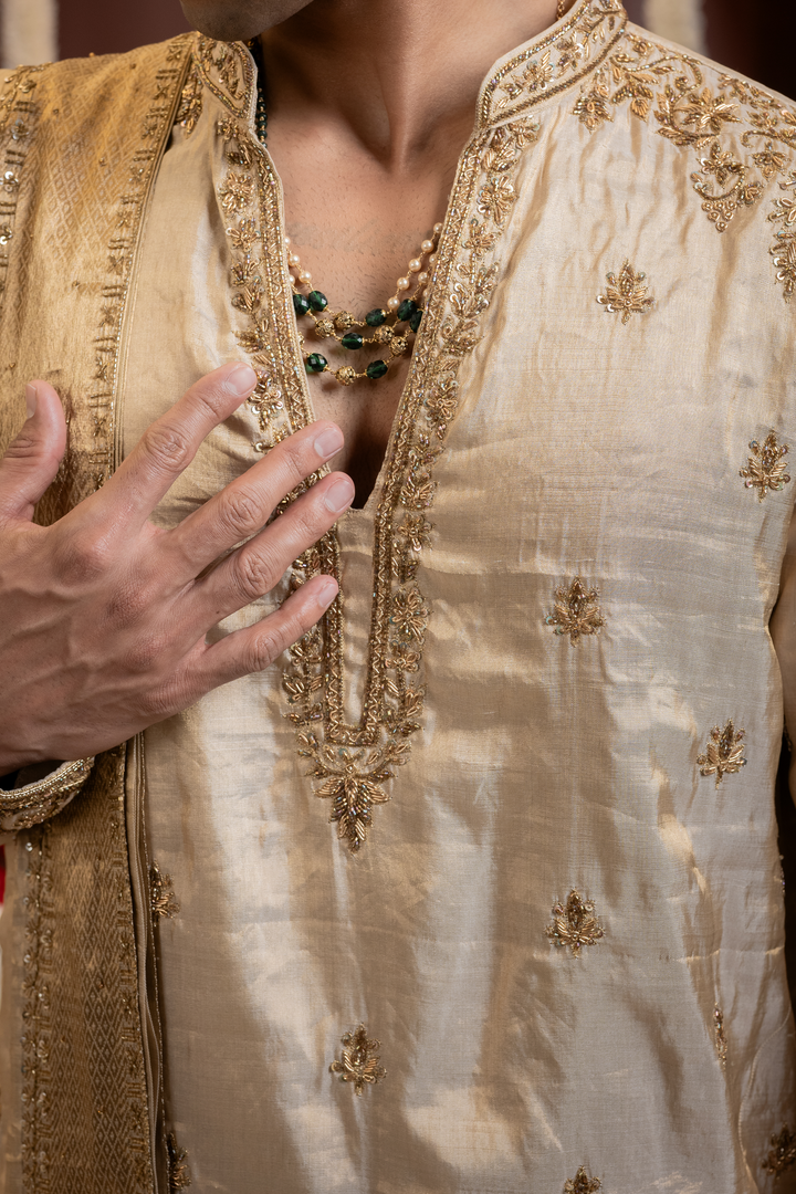 Shriman — Gold Hand Zardozi Yoke, Booti &amp; Temple Arch Border Embroidered Double Pure Tissue Kurta Set