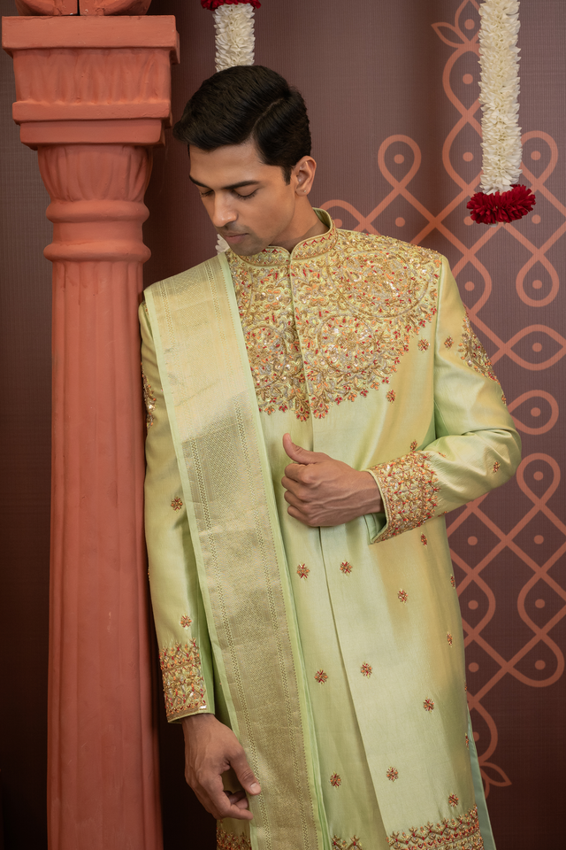 Ruhani — Pista Green Gold & Red Hand Embroidered Floral Chiniya Pattu Sherwani