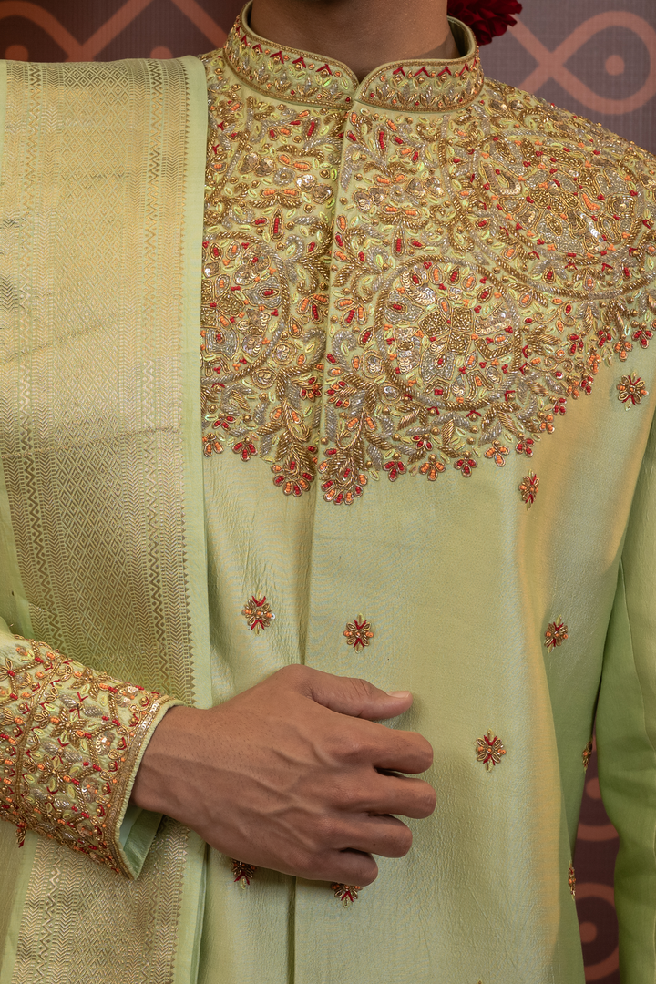 Ruhani — Pista Green Gold &amp; Red Hand Embroidered Floral Chiniya Pattu Sherwani