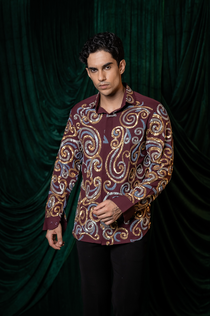Vortex — Burgundy Swirl Embroidered 4-Way Stretch Shirt