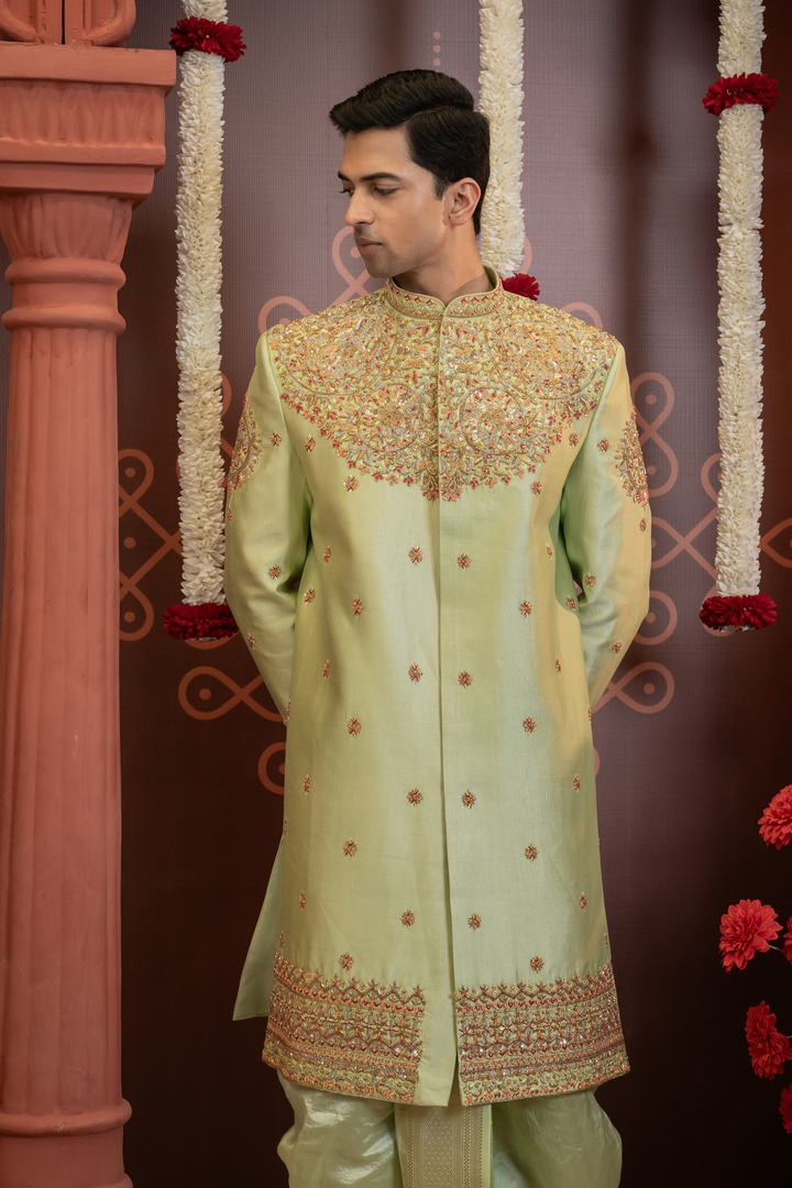 Ruhani — Pista Green Gold &amp; Red Hand Embroidered Floral Chiniya Pattu Sherwani