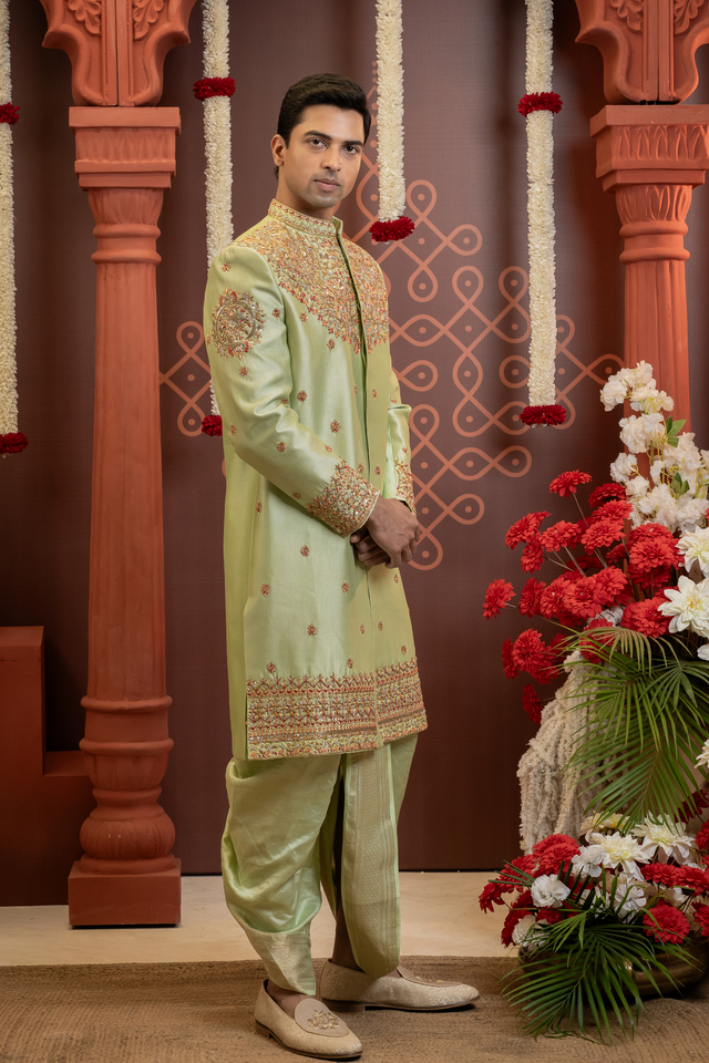 Ruhani — Pista Green Gold & Red Hand Embroidered Floral Chiniya Pattu Sherwani
