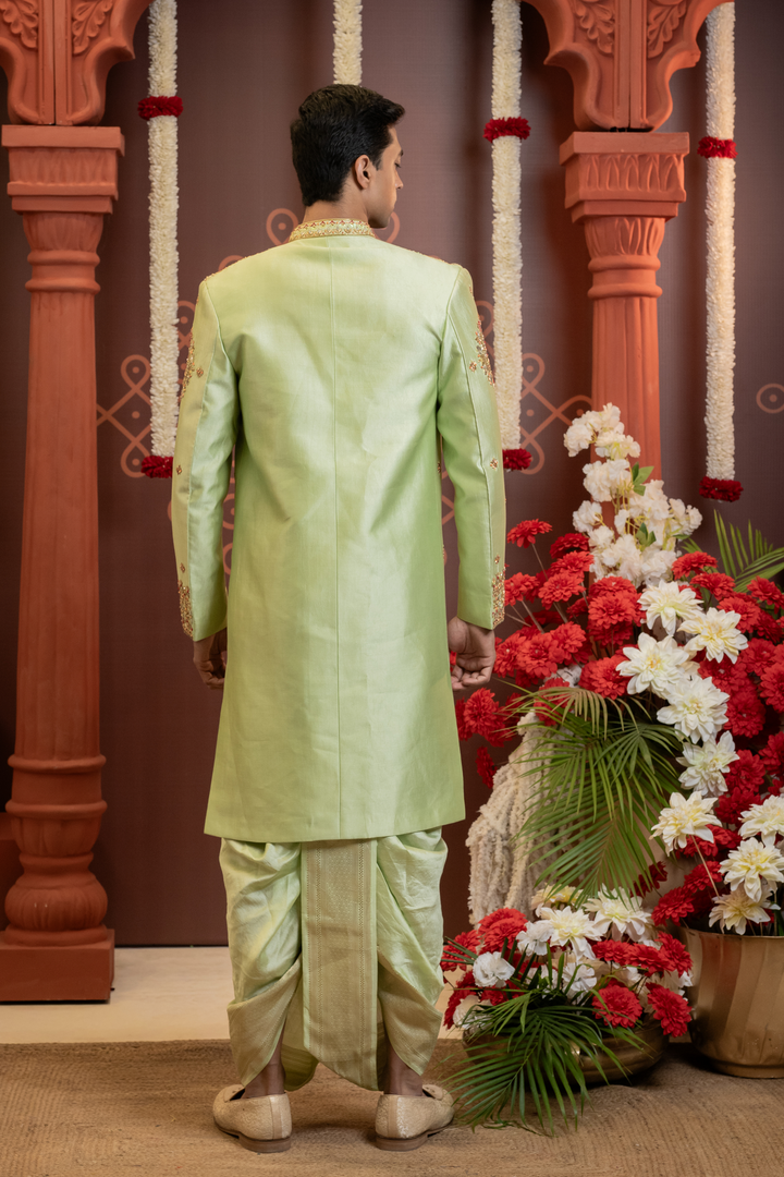 Ruhani — Pista Green Gold &amp; Red Hand Embroidered Floral Chiniya Pattu Sherwani