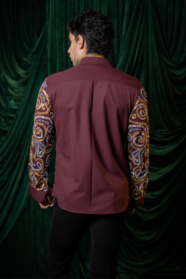 Vortex — Burgundy Hand Embroidered 4-Way Stretch Shirt