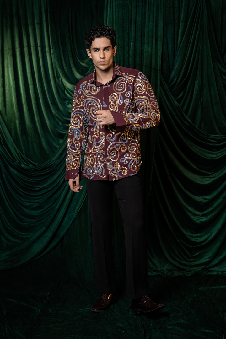 Vortex — Burgundy Swirl Embroidered 4-Way Stretch Shirt