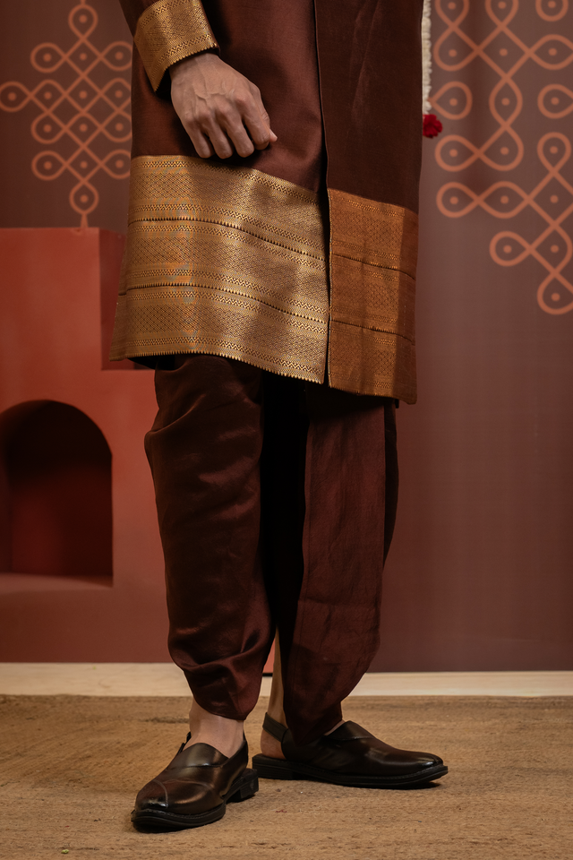 Raivat — Deep Brown Gold Brocade Border Chiniya Pattu Sherwani