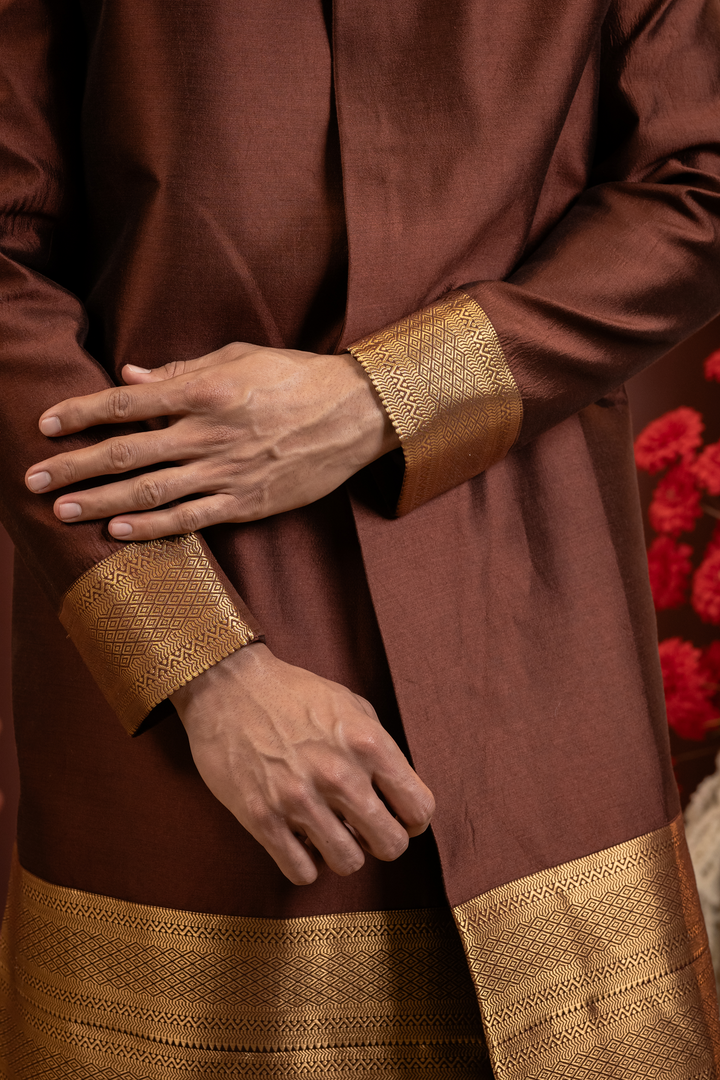 Raivat — Deep Brown Gold Brocade Border Chiniya Pattu Sherwani
