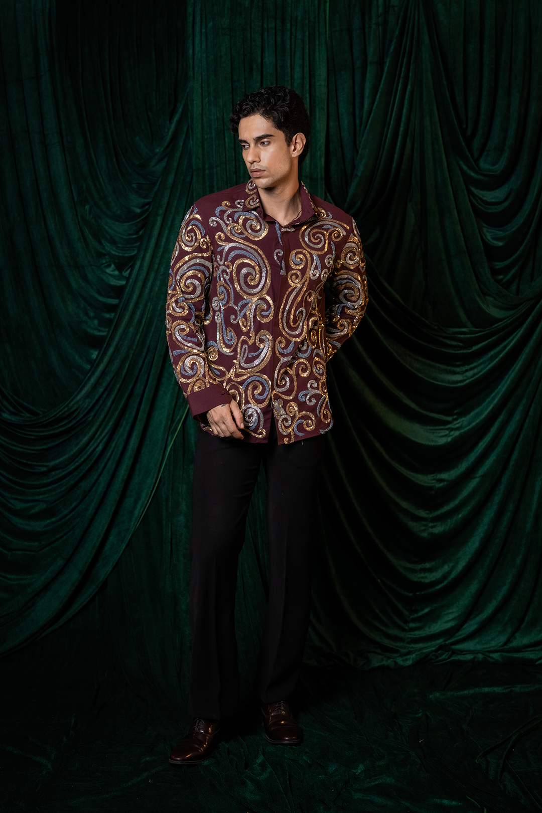 Vortex — Burgundy Swirl Embroidered 4-Way Stretch Shirt
