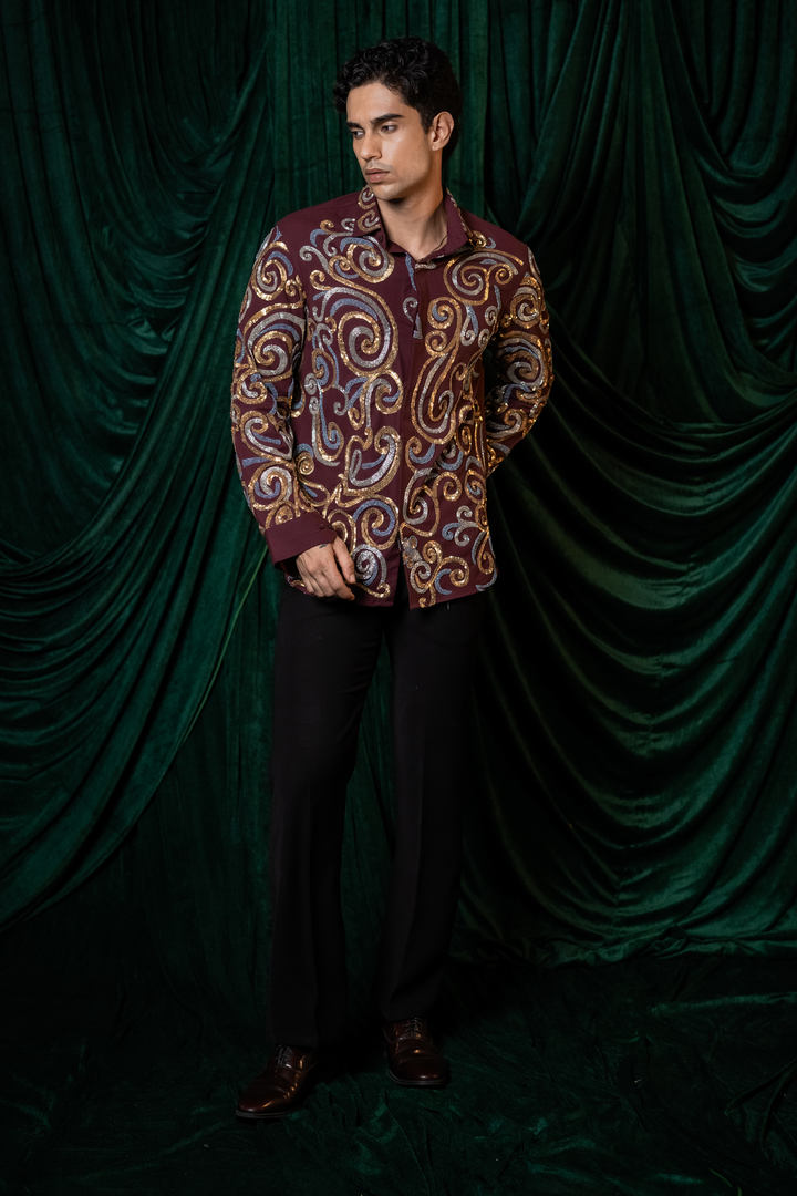 Vortex — Burgundy Hand Embroidered 4-Way Stretch Shirt