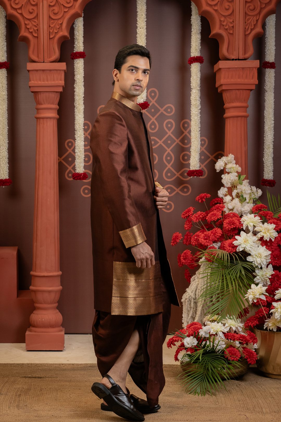 Raivat — Deep Brown Gold Brocade Border Chiniya Pattu Sherwani