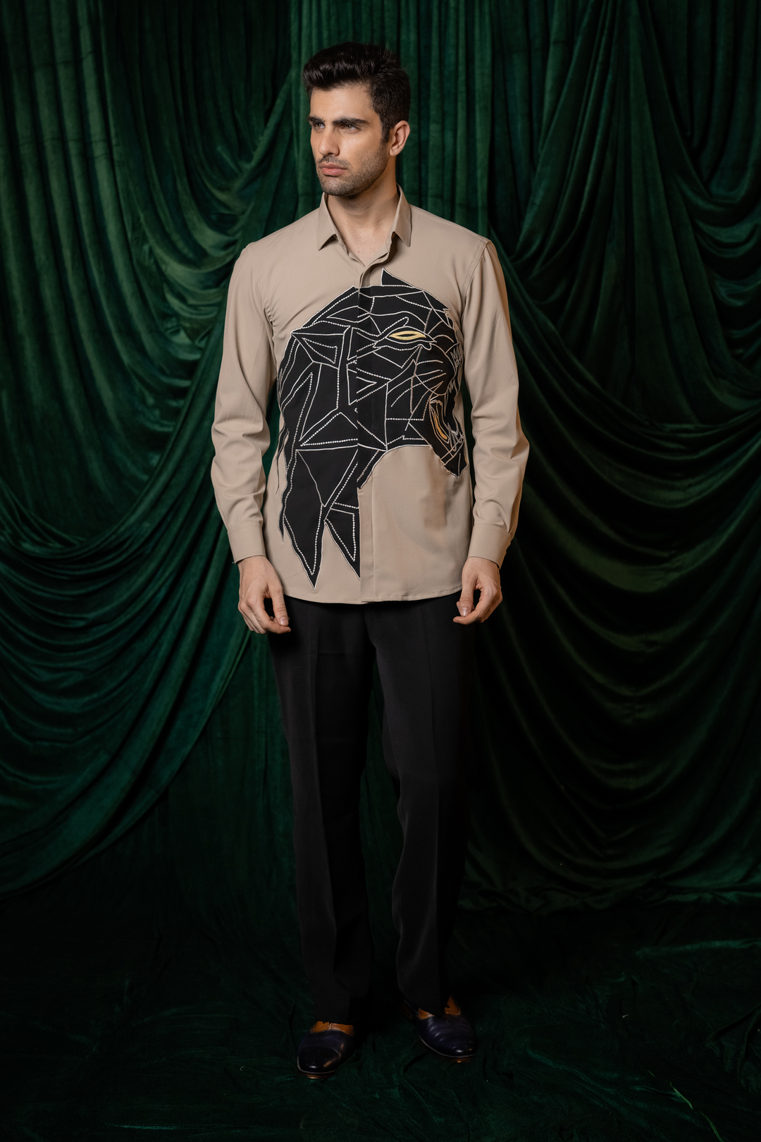 Persona — Beige Hand Embroidered 4-Way Stretch Shirt