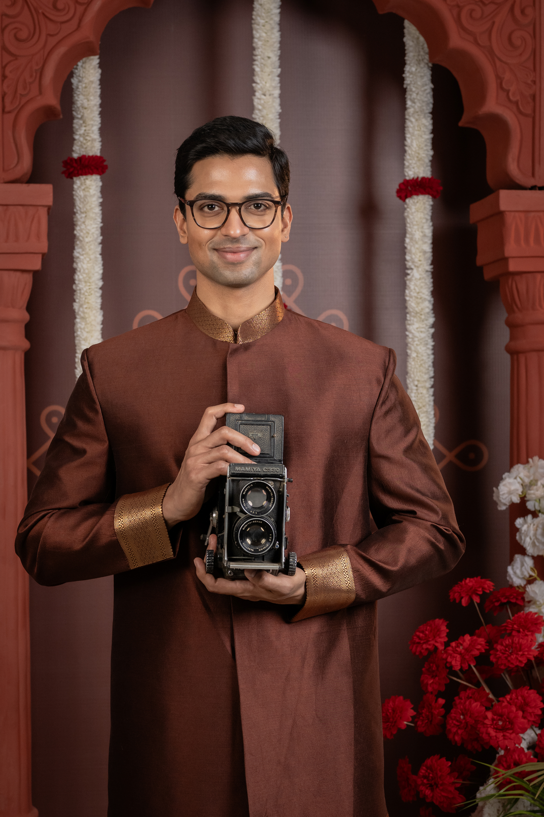Raivat — Deep Brown Gold Brocade Border Chiniya Pattu Sherwani
