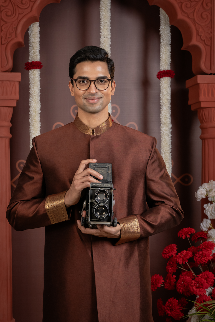 Raivat — Deep Brown Gold Brocade Border Chiniya Pattu Sherwani